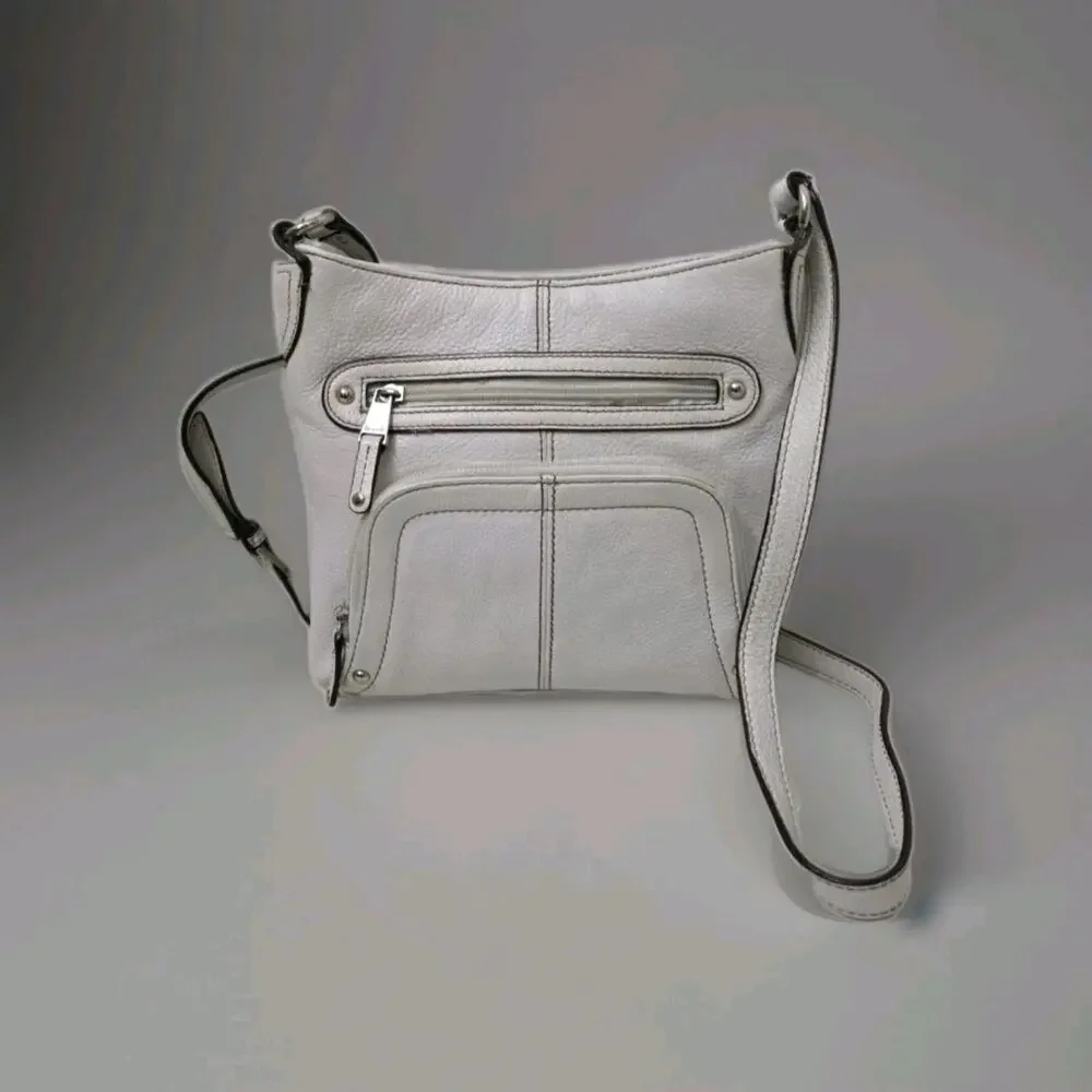 Tignanello White Pebbled Leather Crossbody Purse Multi Pocket Adjustable Bag